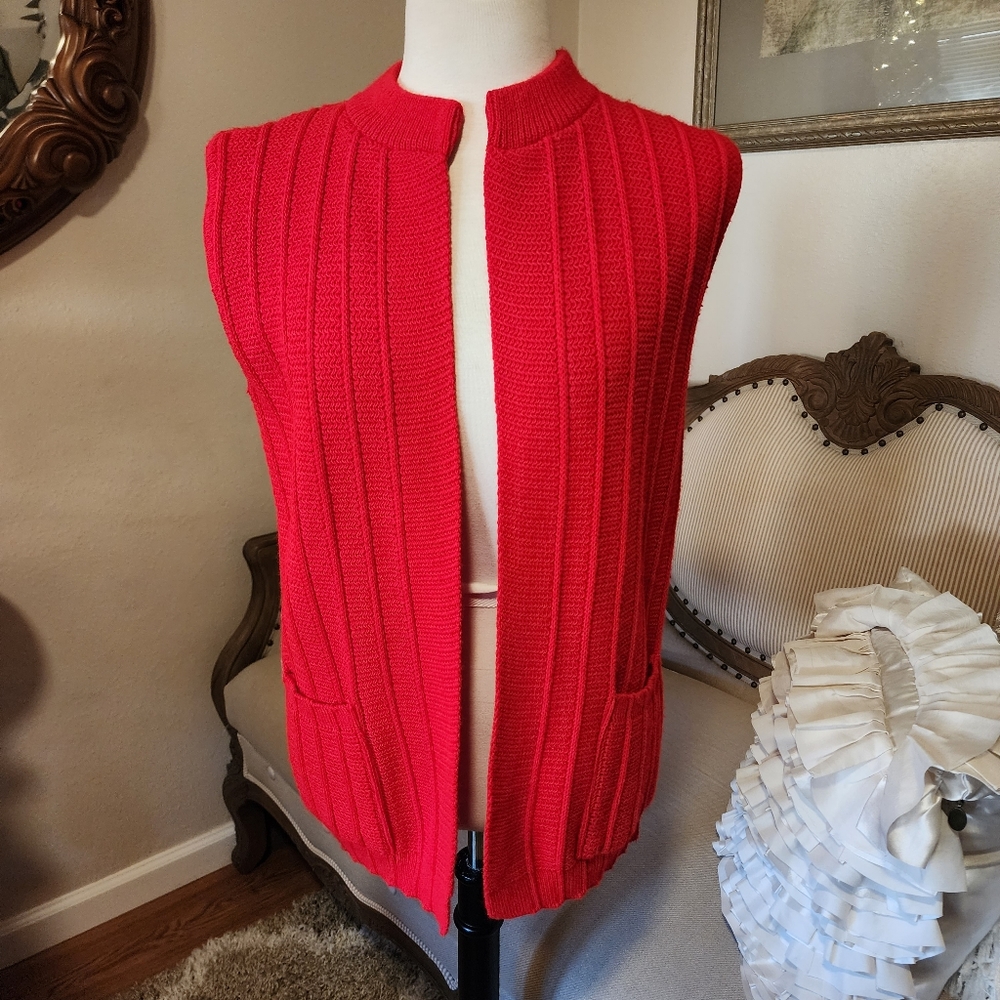 Red Vintage College Point Open Front Cardigan Sweater Vest View 5